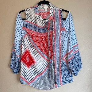 CHICO’S Size 0 Cold Shoulder Tie Neck Blouse Red Blue Cream Patchwork Bandana